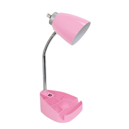 Gooseneck Organizer Desk Lamp With Holder And USB Port, Pink